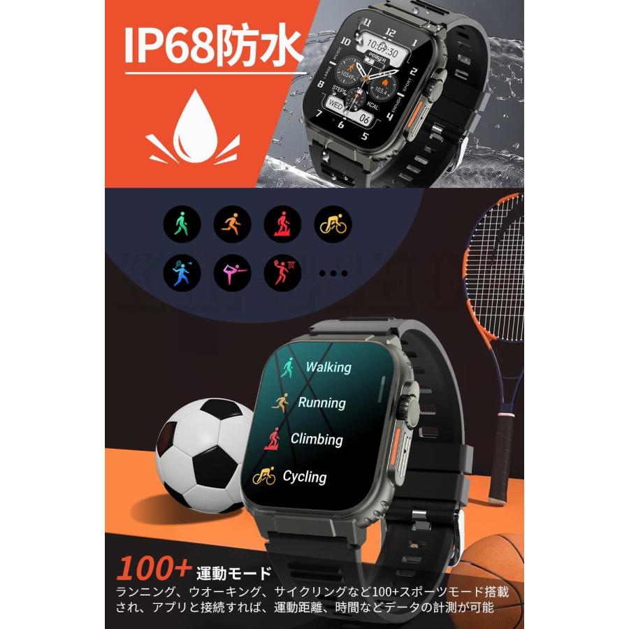 スマートウォッチ 音楽再生 通話機能付き 日本製センサー 録音機能 1.96インチ大画面 24時間体温監視 600mAh GPS運動記録 IP68防水  iPhone/Android対応