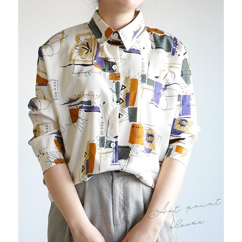 Cawaii French レディース トップス ブラウス シャツ 長袖 プリント 総柄 柄シャツ ゆったり ドルマン ドロップショルダー アート 柄物 ベージュ ブラック 黒 a062 Kinarina 通販 Yahoo ショッピング