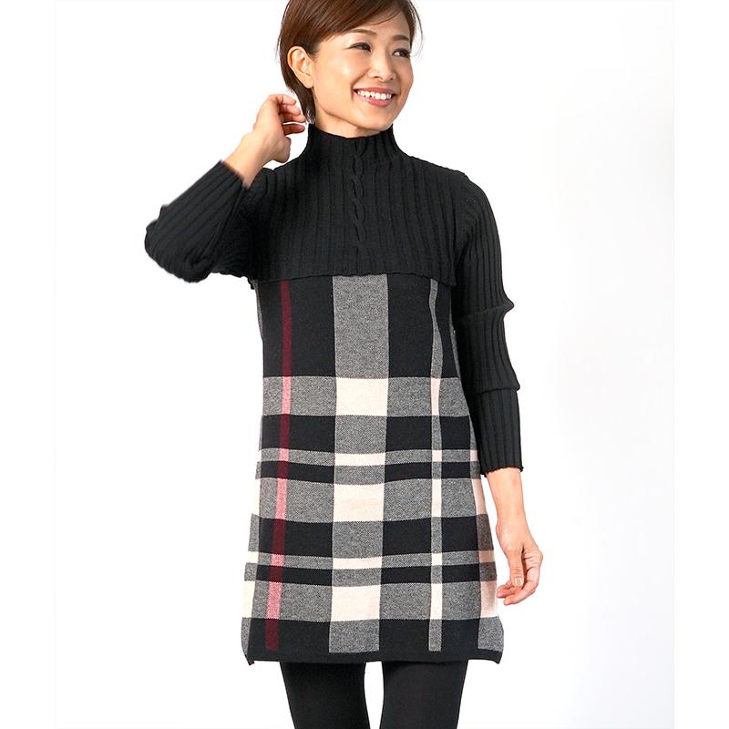 Cawaii French ワンピース チュニック ニット セーター 長袖 膝上丈 ミニ ハイネック ケーブル チェック チェック柄 ベージュ ネイビー ブラック 紺 黒 K1a158 Kinarina 通販 Yahoo ショッピング