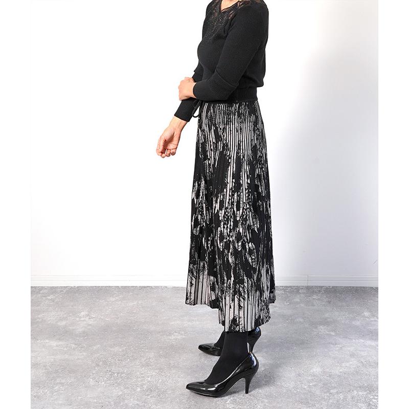 Cawaii French ウエストゴム ジャカード スカート ニット ハイゲージ フリーサイズ ブラック プリーツ ボトム レディース ロング ロング丈 冬 柄 秋 総柄 黒 51 Off レディース
