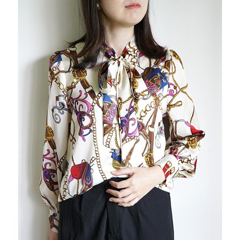 Cawaii French レディース トップス ブラウス シャツ 長袖 パフスリーブ 総柄 プリント スカーフ柄 チェーン サテン ボウタイ リボン ベージュ K1a574 Kinarina 通販 Yahoo ショッピング