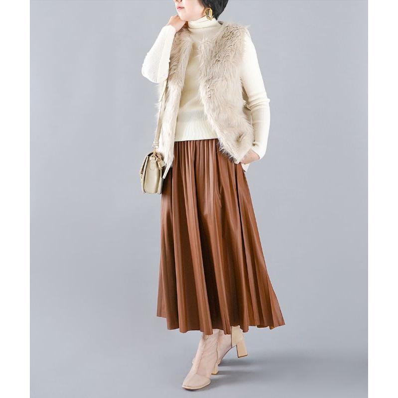 cawaii french」大人のエコレザープリーツスカート【キャメル  