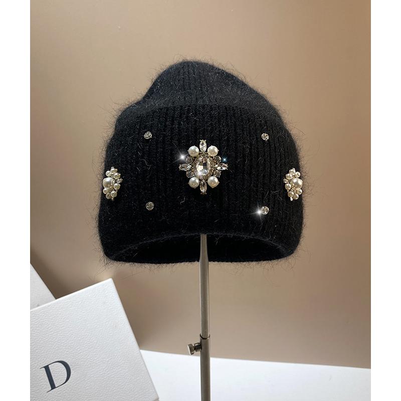 送料無料 レディース ニット帽 ニット帽子 ビジュー パール 花