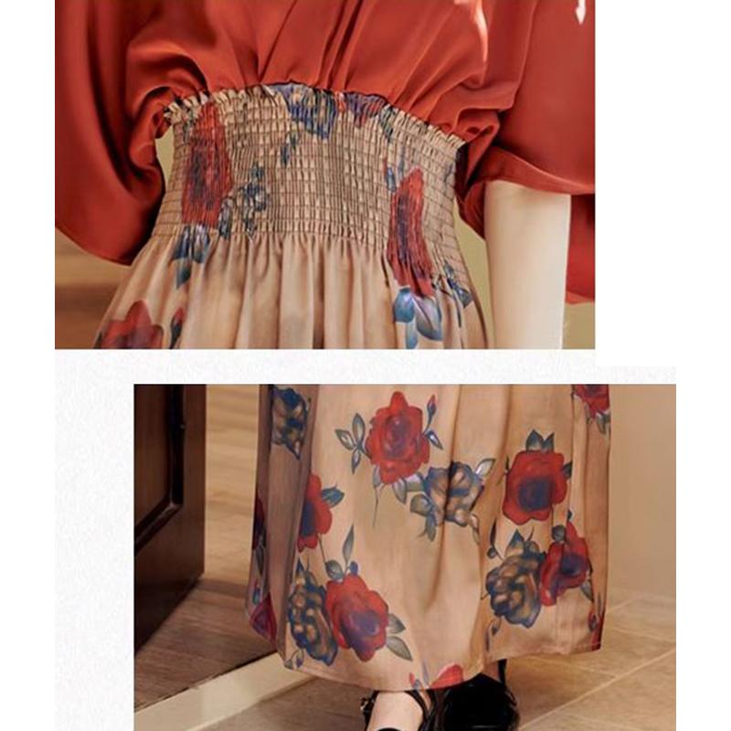 送料無料 ワンピース ドッキング カシュクール 五分袖 着物風 花柄 フラワー バラ 薔薇 ロングワンピ マキシ シャーリング レッド 赤 「cawaii french」の画像