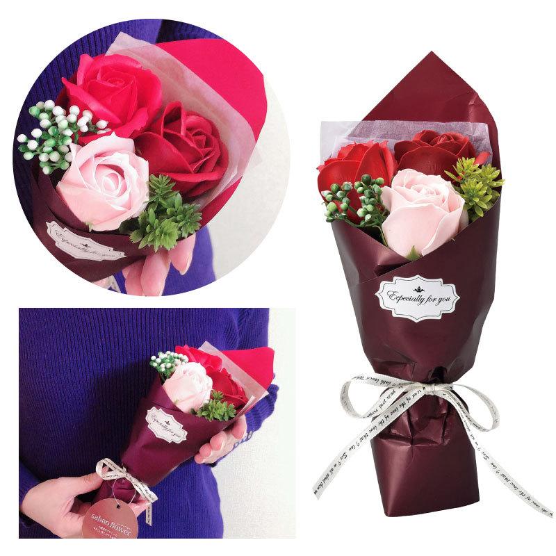 もこもこ♡バレンタインブーケ ソープフラワー 3輪 ミニ ブーケ シャボン 花束 枯れないお花