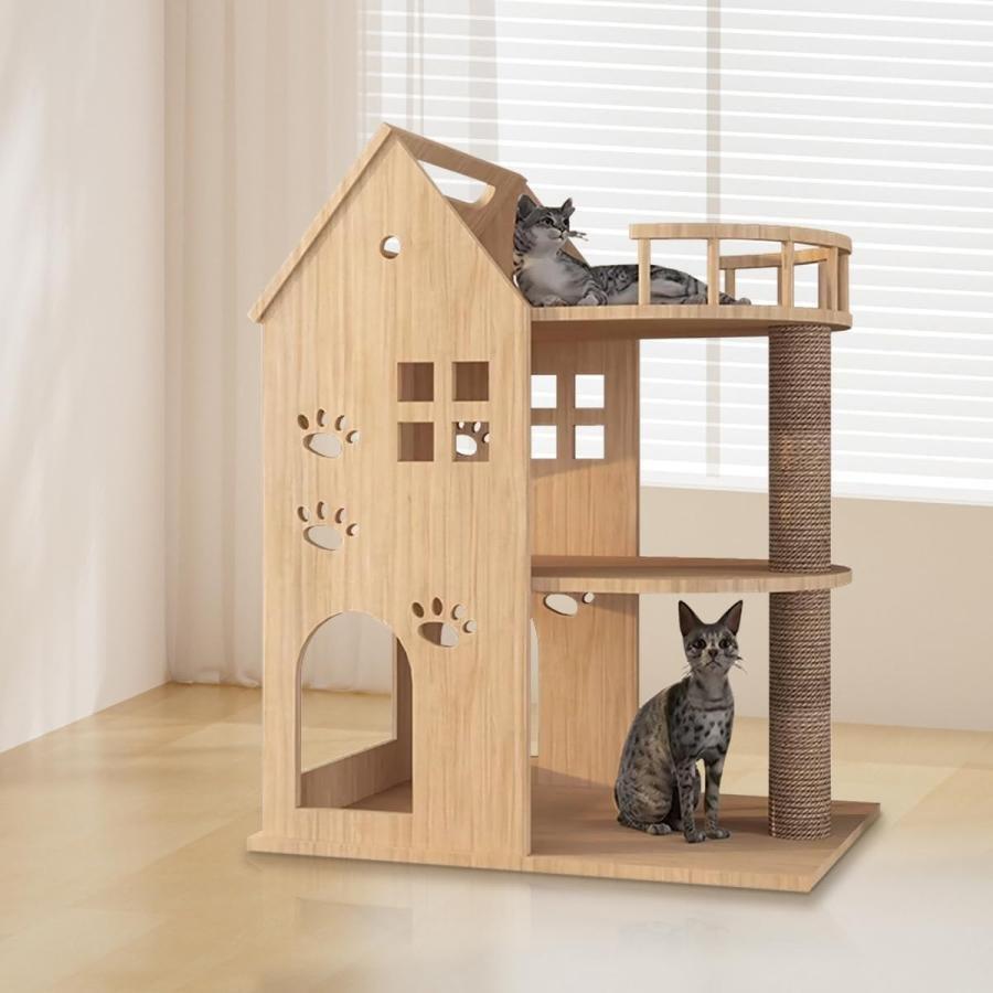 キャットタワー木製猫タワー木製突っ張り大型猫用多頭飼い透明宇宙船天然ゾンチーサイザル麻紐爪とぎキャットツリ見晴台ねこハウス掃除簡単お手入れ簡単_19