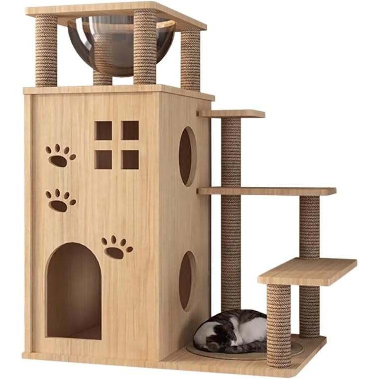 キャットタワー木製猫タワー木製突っ張り大型猫用多頭飼い透明宇宙船天然ゾンチーサイザル麻紐爪とぎキャットツリ見晴台ねこハウス掃除簡単お手入れ簡単_8