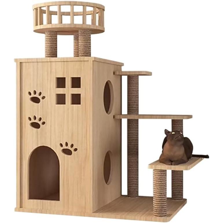 キャットタワー木製猫タワー木製突っ張り大型猫用多頭飼い透明宇宙船天然ゾンチーサイザル麻紐爪とぎキャットツリ見晴台ねこハウス掃除簡単お手入れ簡単_9
