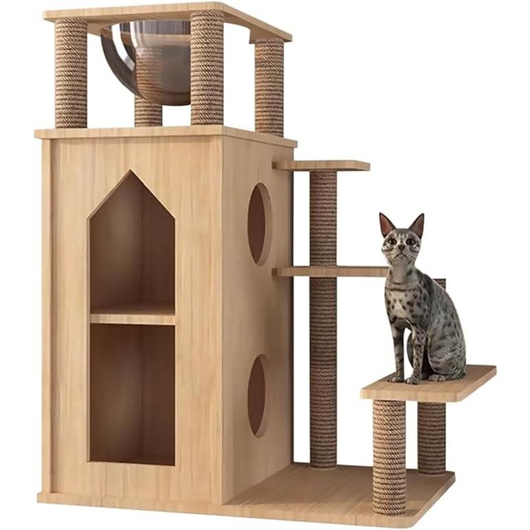 キャットタワー木製猫タワー木製突っ張り大型猫用多頭飼い透明宇宙船天然ゾンチーサイザル麻紐爪とぎキャットツリ見晴台ねこハウス掃除簡単お手入れ簡単_10