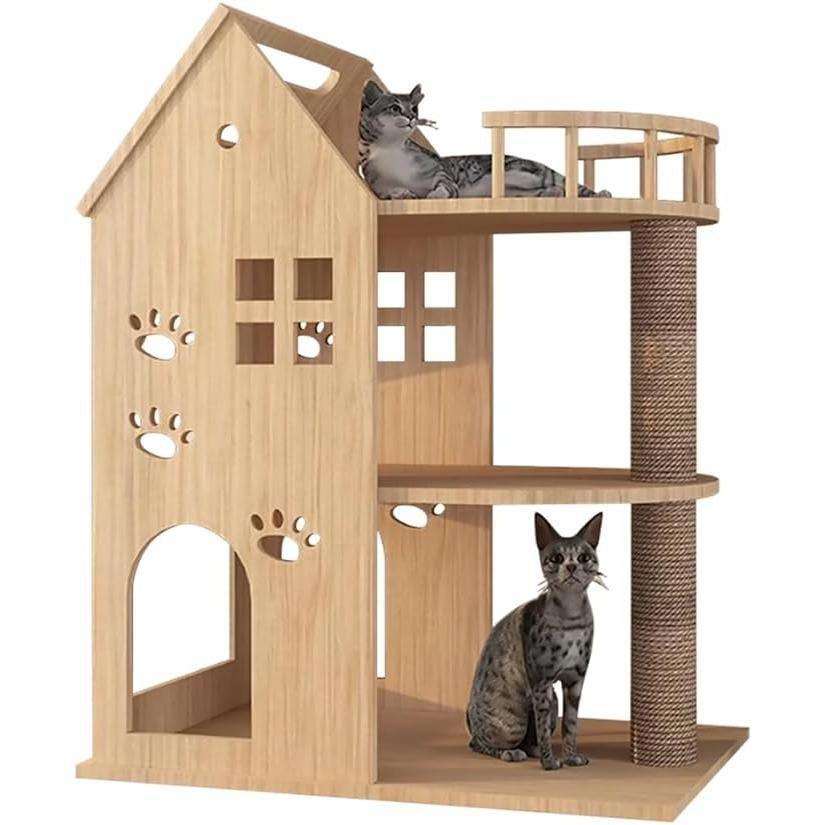 キャットタワー木製猫タワー木製突っ張り大型猫用多頭飼い透明宇宙船天然ゾンチーサイザル麻紐爪とぎキャットツリ見晴台ねこハウス掃除簡単お手入れ簡単_11