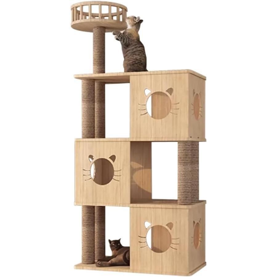 キャットタワー木製猫タワー木製突っ張り大型猫用多頭飼い透明宇宙船天然ゾンチーサイザル麻紐爪とぎキャットツリ見晴台ねこハウス掃除簡単お手入れ簡単_12