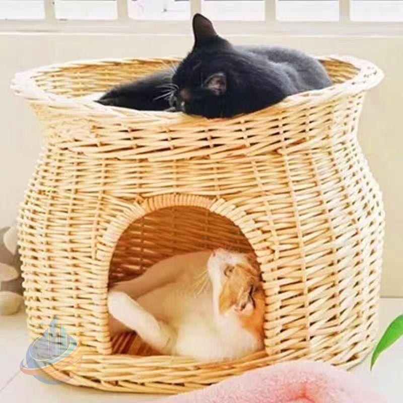 猫ちぐら 2段 猫用ベッド 籠 籐 カゴ ラタン製 ペットベッド キャット