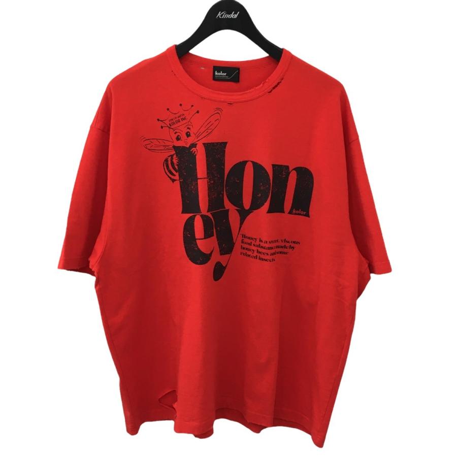 Color 【値下げ】kolor 2021AW 度詰め天竺ダメージ加工Tシャツ レッド 