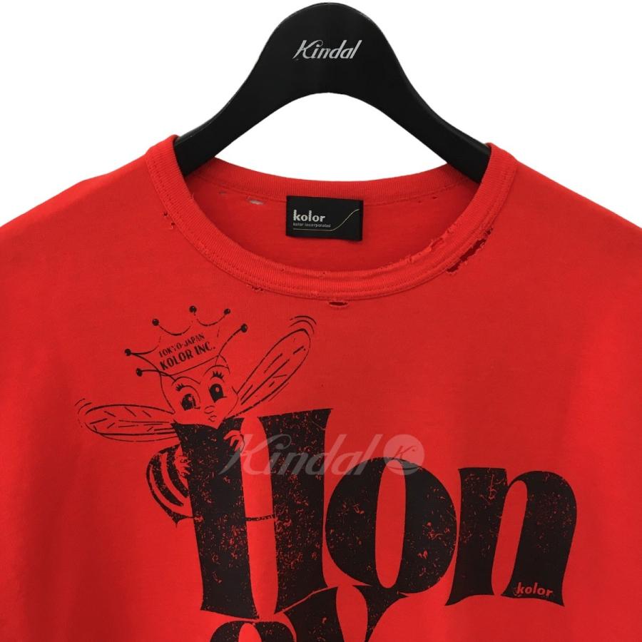 Color 【値下げ】kolor 2021AW 度詰め天竺ダメージ加工Tシャツ レッド 