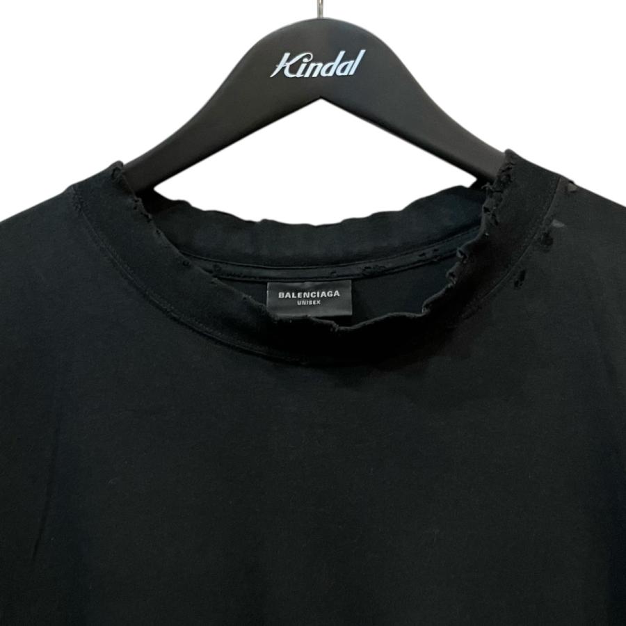 BALENCIAGA（バレンシアガ） ダメージ加工ネックロゴTシャツ ブラック