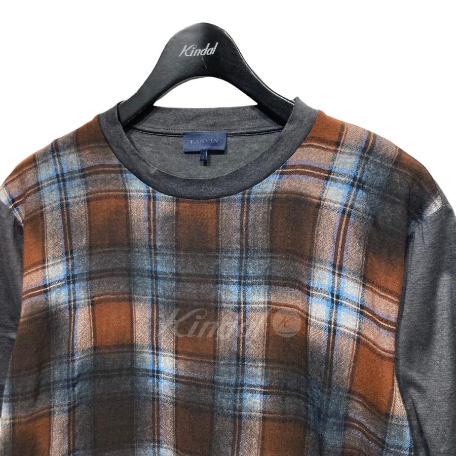 LANVIN チェック切替半袖カットソー Tシャツ グレー×ブラウン サイズ 