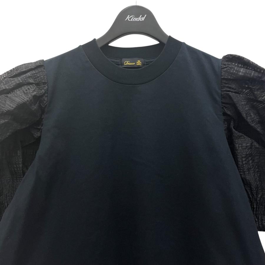 DRAWER / 天竺/シアーパフスリーブクループルオーバーTシャツ/コットン/BLK/無地/6517-299-0667 DRAWER ドゥロワー Drawer 天竺×シアーパフスリーブクループルオーバー