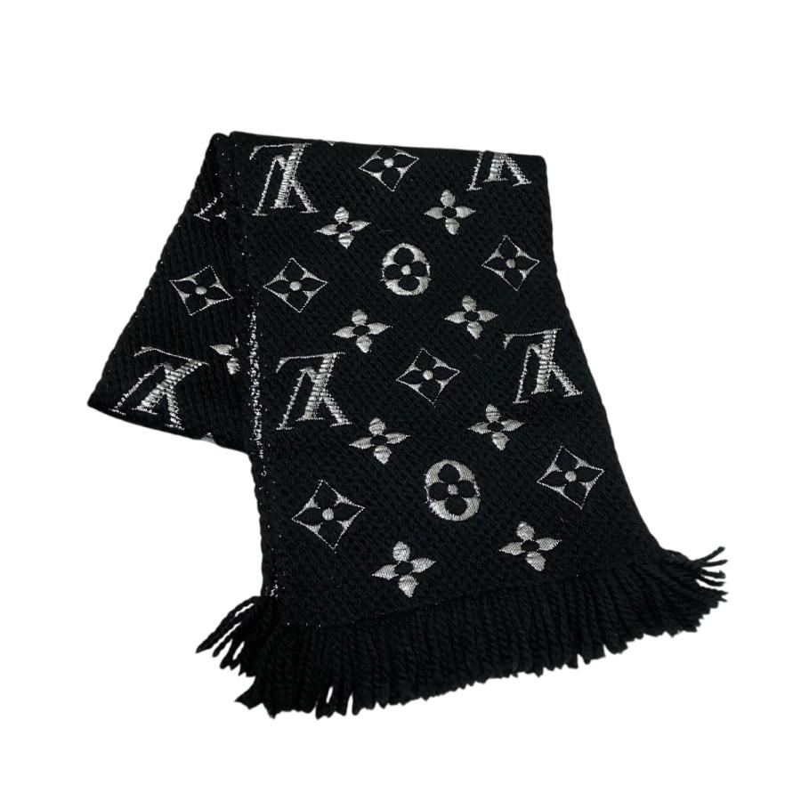 超美品LOUIS VUITTON マフラー 黒・銀 M75833 LOUIS VUITTON（ルイ・ヴィトン） モノグラム シルク混マフラー M75833