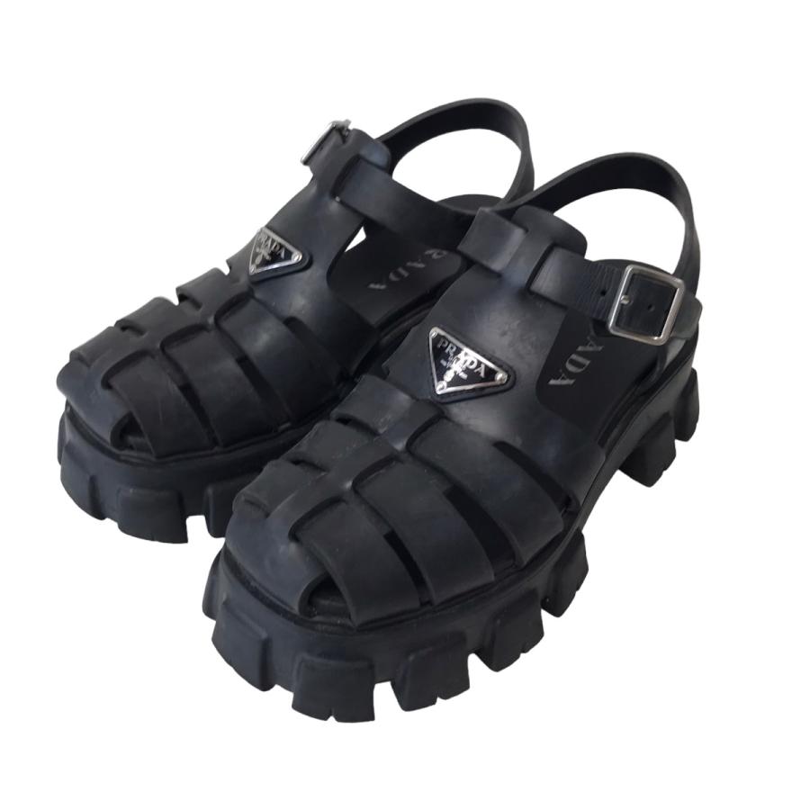 値下げ】PRADA ロゴプレート モノリスラバーサンダル ブラック サイズ 
