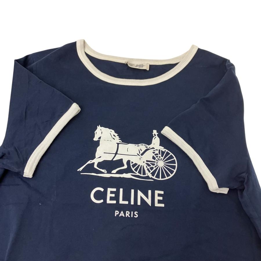6264【美品】セリーヌ☆トリオンフロゴ入りリンガーTシャツ 水色×白色 XS CELINE（セリーヌ） リンガーTシャツ ネイビー サイズ：XL