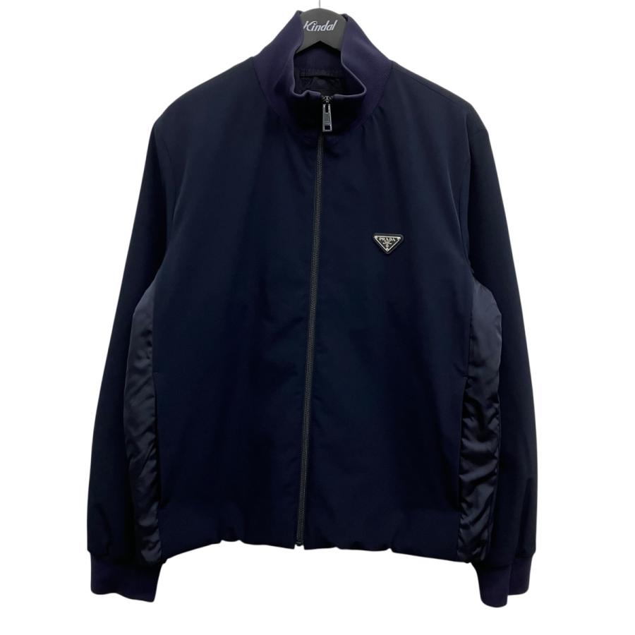 美品 プラダ ジップアップ ダウン ブルゾン メンズ 青 紺 50 ロゴプレート PRADA PRADA（プラダ） ロゴプレートパテッドジップジャケット ネイビー