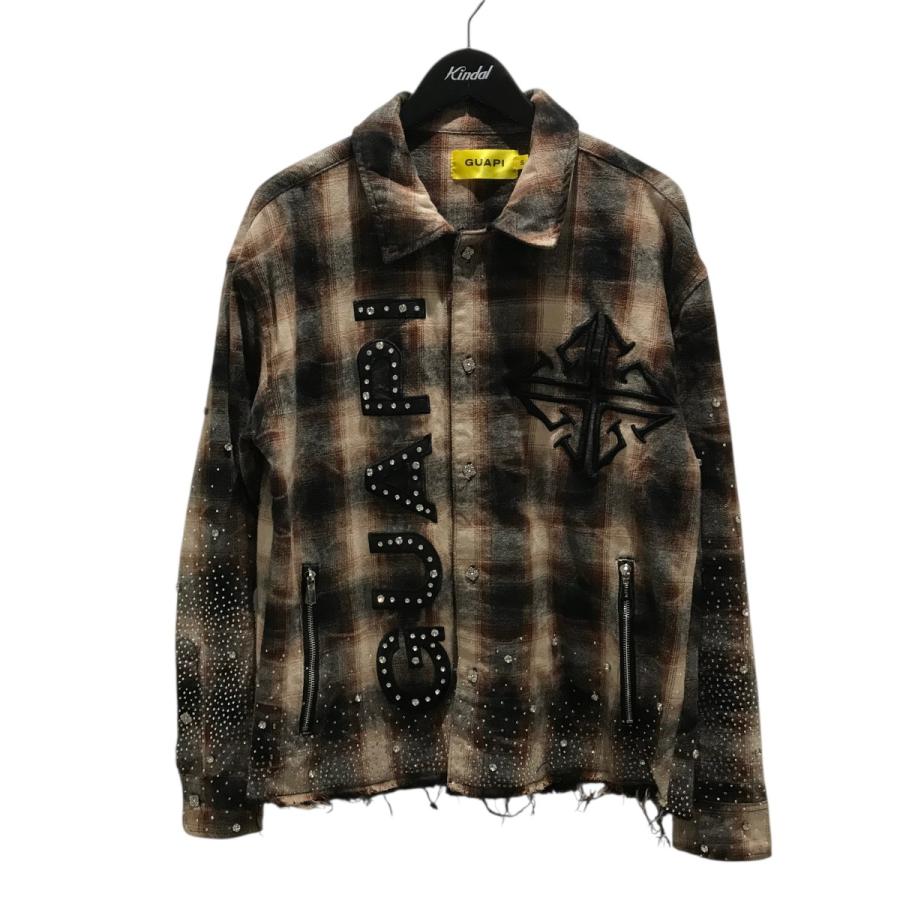 グアピ GUAPI ストーンデザインレザーロゴチェックシャツ ブラウン
