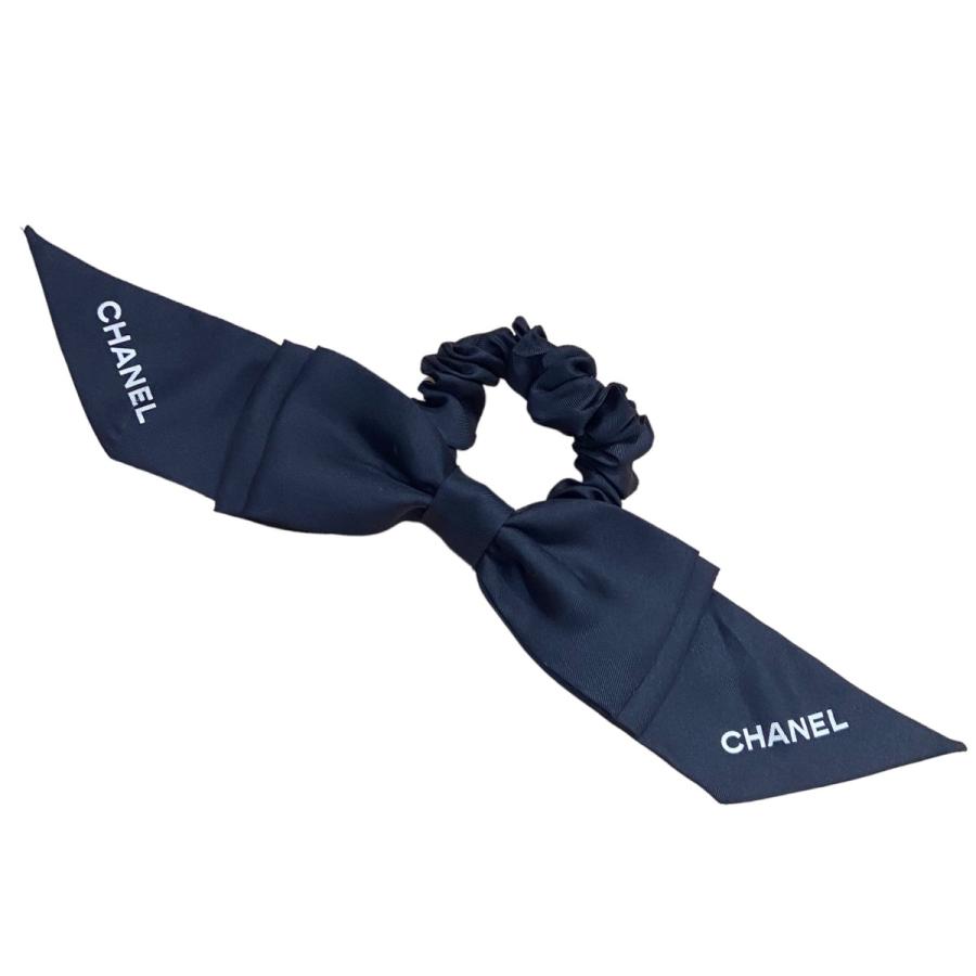 CHANEL アイボリー・黒 リボン・シュシュ　シャネル CHANEL シャネル ヘア アクセサリー シルクリボン シュシュ 髪