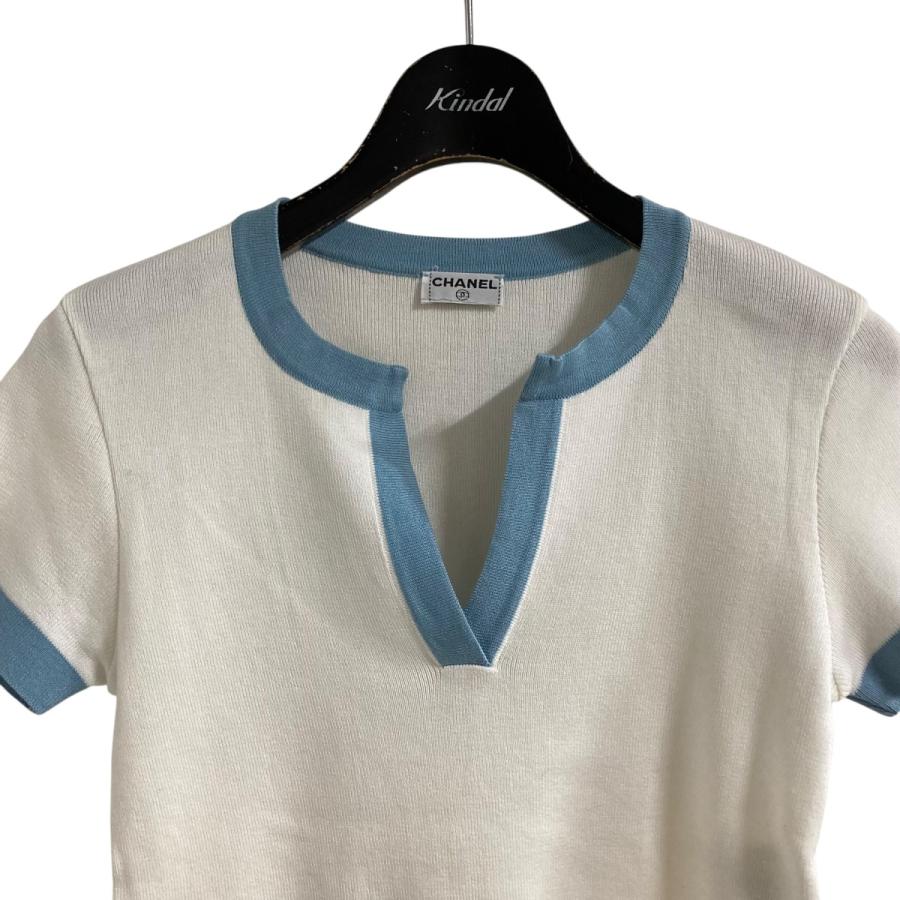 シャネル CHANEL ニットTシャツ ホワイト×ブルー サイズ：-