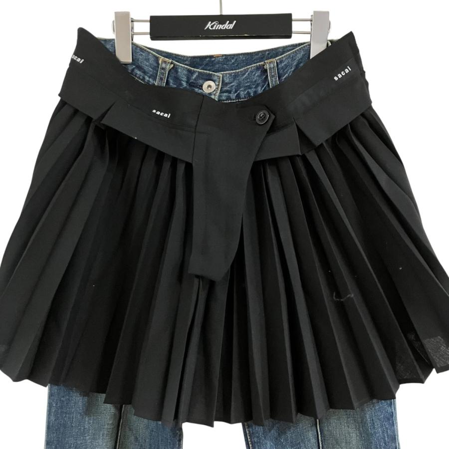 【美品】　sacai サカイ　レディース　プリーツベルトスカート　黒　膝丈 sacai（サカイ） プリーツスカートドッキング レイヤードフレアデニム