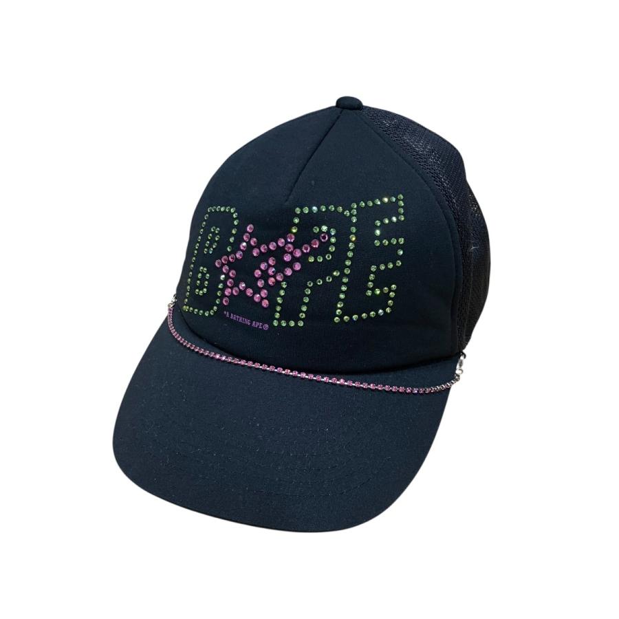 【H】アベイシングエイプ 大猿 ラインストーン メッシュキャップ 黒 A BATHING APE（アベイシングエイプ） ラインストーンロゴメッシュ