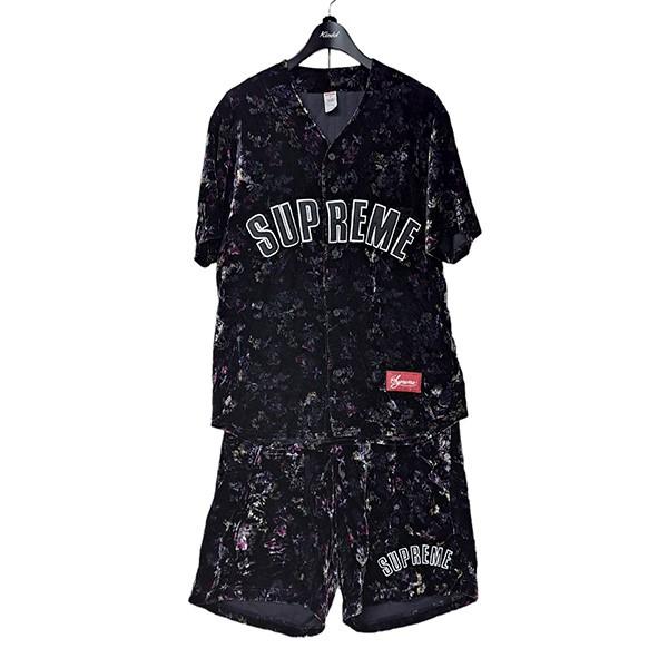 SUPREME 19AW Floral Velour Baseball Jersey＆short シャツセットアップ ブラック×パープル