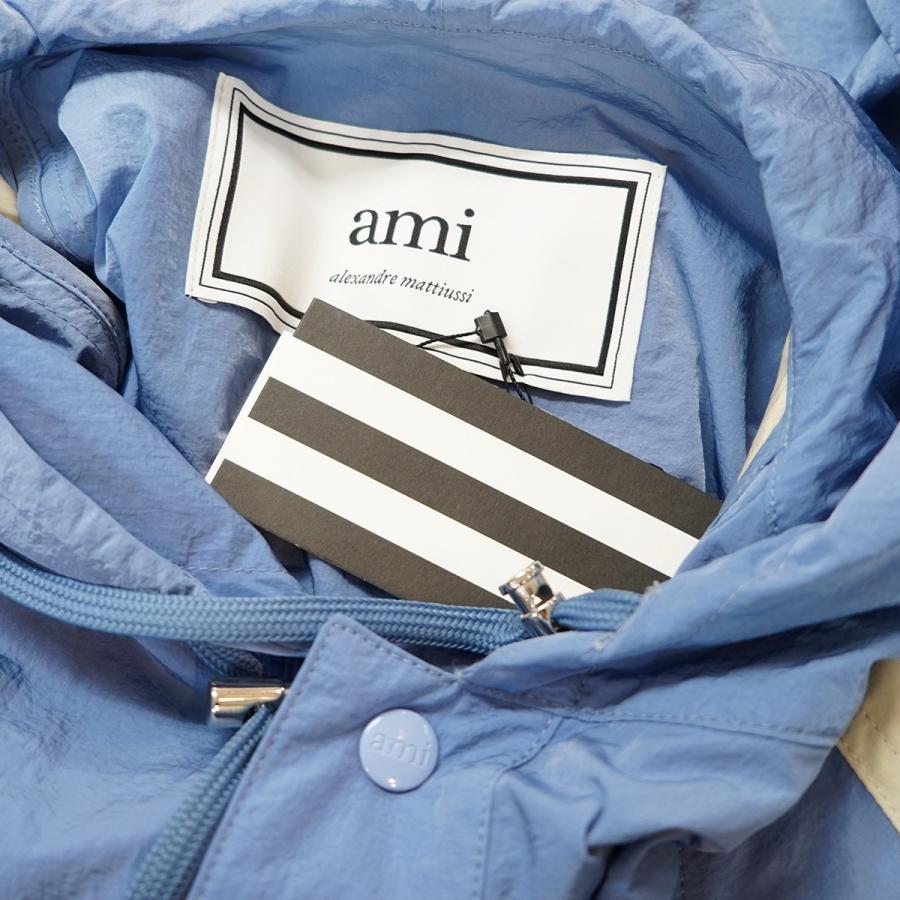 値下げ】ami paris ナイロン ライン フーデッドコート ライトブルー  