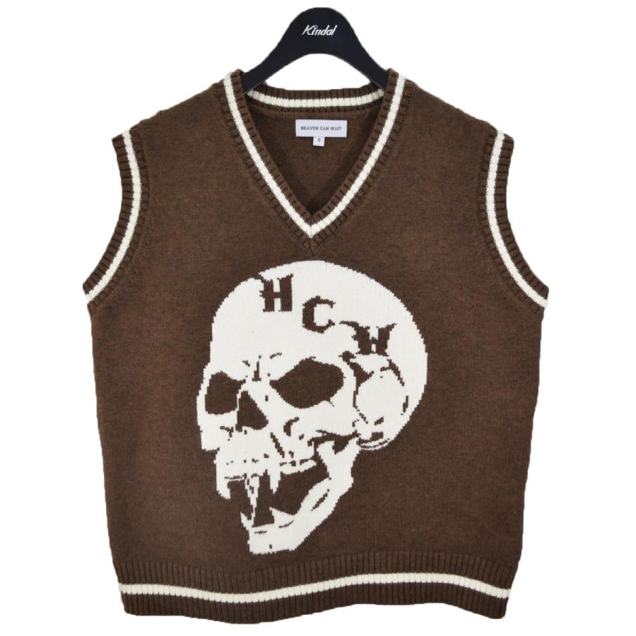 HEAVEN CAN WAIT sky fall vest スカル Vネック ニットベスト ブラウン 