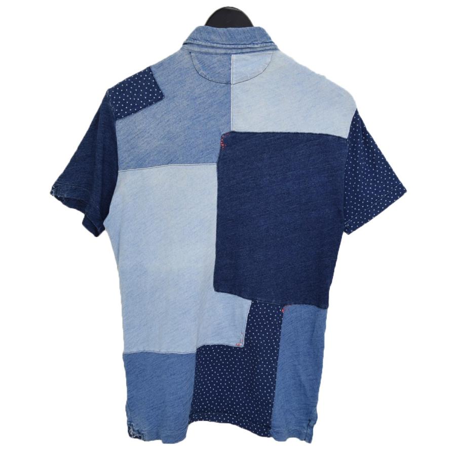 希少 ポロラルフローレン 半袖シャツ インディゴ染め パッチワーク L相当 POLO RALPH LAUREN（ポロ・ラルフローレン） インディゴパッチワーク