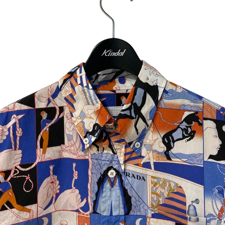 PRADA（プラダ） PRADA 18SS Comic Rope Shirt総柄半袖シャツ ブルー