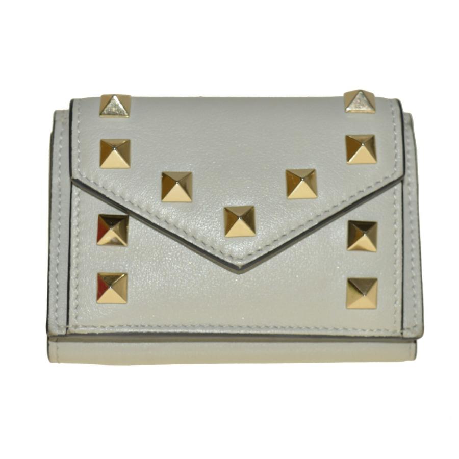 Valentino スタッズ 2102 レディースファッション 三つ折り ファッション ミニウォレット グレー 2102 堀江店 ブランド古着