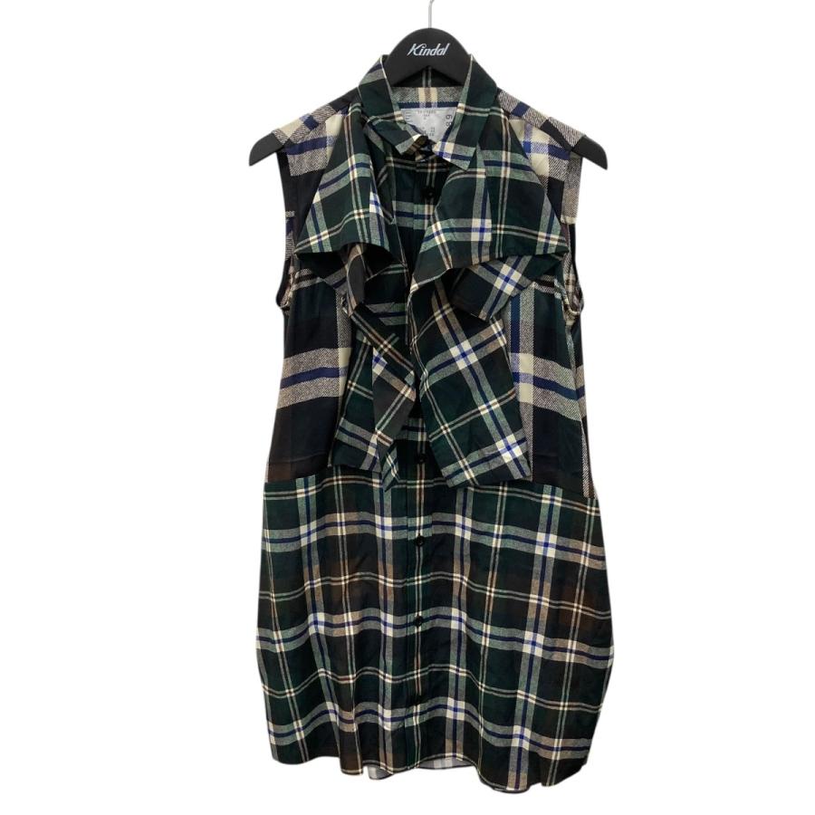 み*ょ様 sacai ネイビー刺繍ノースリーブ ひざ丈ワンピース sacai（サカイ） 【値下げ】sacai Plaid Print Dress ノースリーブ