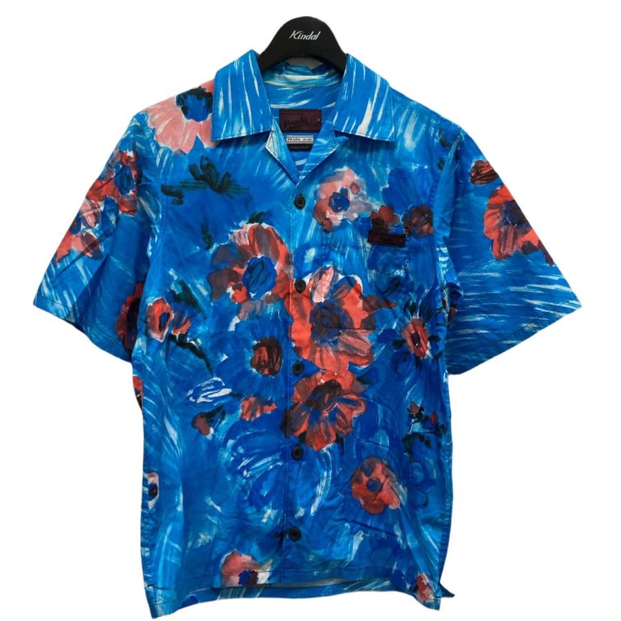 PRADA 花柄オープンカラー半袖シャツ ブルー×レッド サイズ：XS (中 