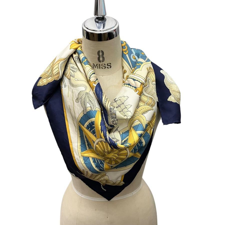 HERMES（エルメス） HERMES LAIR MARIN シルクスカーフカレ90 ネイビー