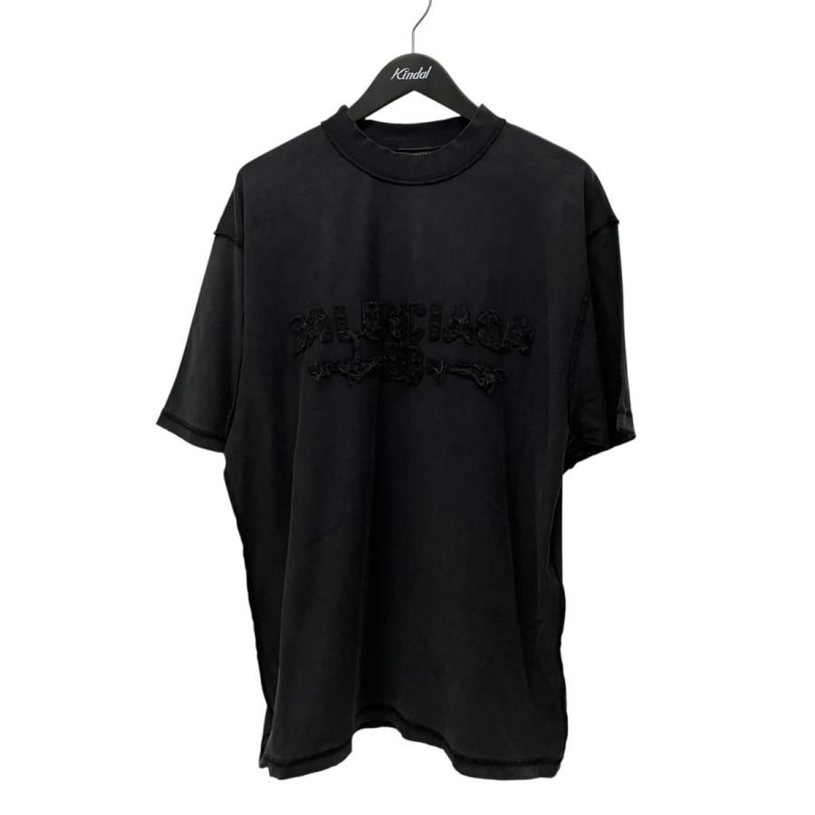 BALENCIAGA バレンシアガ 半袖Tシャツ ブラック ロゴ入り　XL BALENCIAGA（バレンシアガ） ダメージ加工ロゴ刺しゅう半袖カットソー
