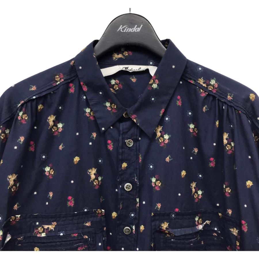 midorikawa 23SS 天使 花柄 薔薇 ショート シャツ ネイビー