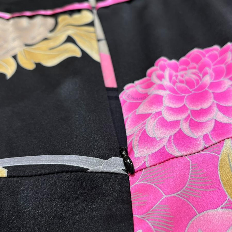 a75【未使用級】LEONARDレオナールワンピース 黒地花柄 ピンク Lサイズ LEONARD（レオナール） 花柄 ワンピース ブラック×ピンク サイズ：38