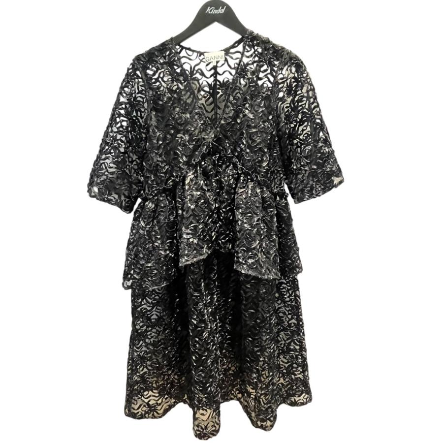 GANNI（ガニー） Ganni RIBBON TULLE FLOUNCEMIDI DRESS 半袖レース