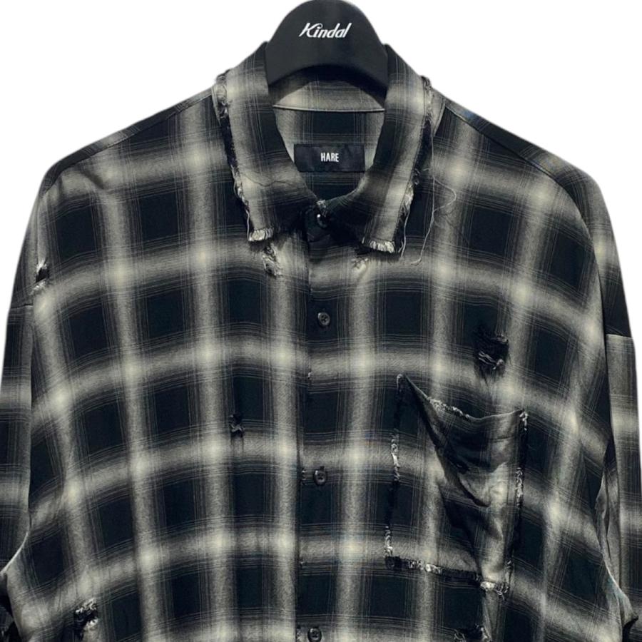 HARE ハレ BIGダメージチェックシャツ HA020186TO ブラック×ホワイト  