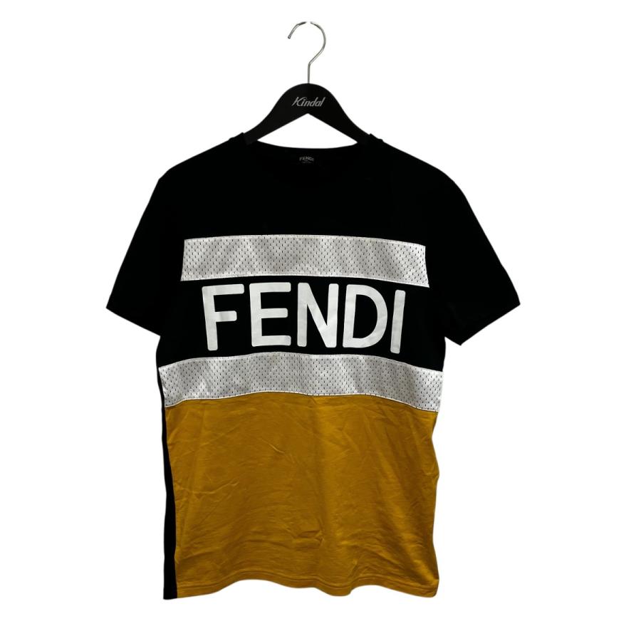 FENDI フェンディ ロゴプリント メッシュ半袖シャツ カットソー ブラック/イエロー FAF532AD3V FENDI（フェンディ） ロゴメッシュ 半袖Tシャツ FAF532 AD3V ブラック