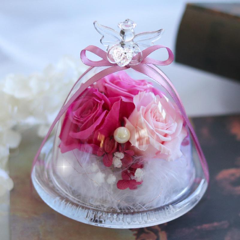 エンジェル ガラスドーム プリザーブドフラワー 冬 天使 名入れ ハート