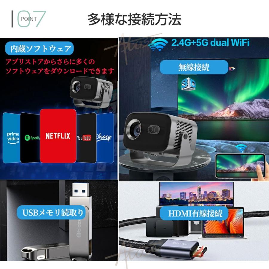 プロジェクター 小型 家庭用 天井投影 スマホと繋げる 1080P 4K対応 高