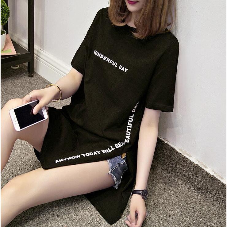 送料無料 Tシャツ 半袖Tシャツ チュニック トップス ゆったり ロングTシャツ レディース ロゴ 深めなサイドスリット 着痩せ 体型カバー シャツワンピース｜kingcity-shjp｜04