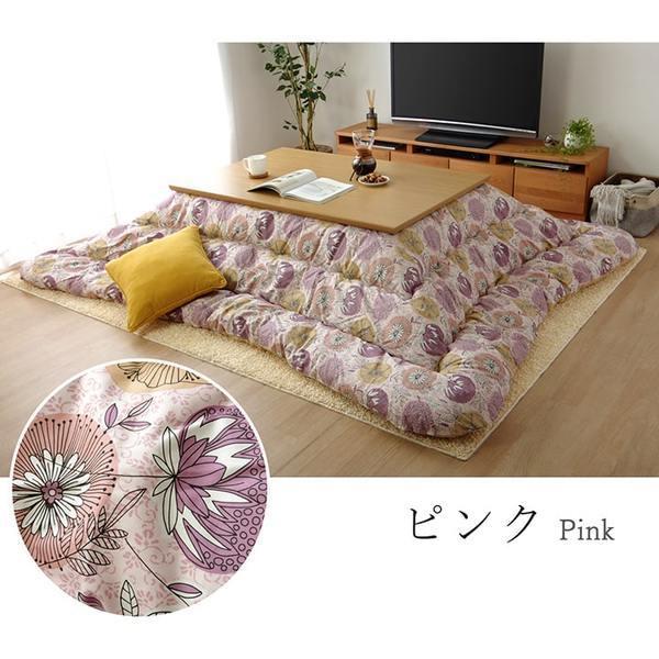 こたつ布団/寝具 〔花柄 掛け単品 さくら色 約205×205糎〕 まっ四角 日本製 洗える 綿100％ 躓き押しとどめる操作手順 〔リビング〕