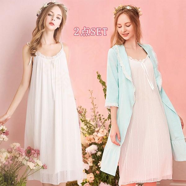 ネグリジェ ルームウェア 前開き ワンピース 部屋着 七分袖 ローブ レース 春 秋 パジャマ 姫系 2点セット リボン 女性 ランジェリー 寝巻き セットアップ 下着 Apaproduction Fr